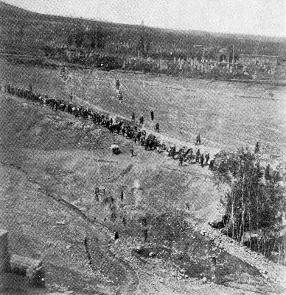 A photograph published as a column of Armenian deportees near Mamuret-ul-Aziz during the genocide.