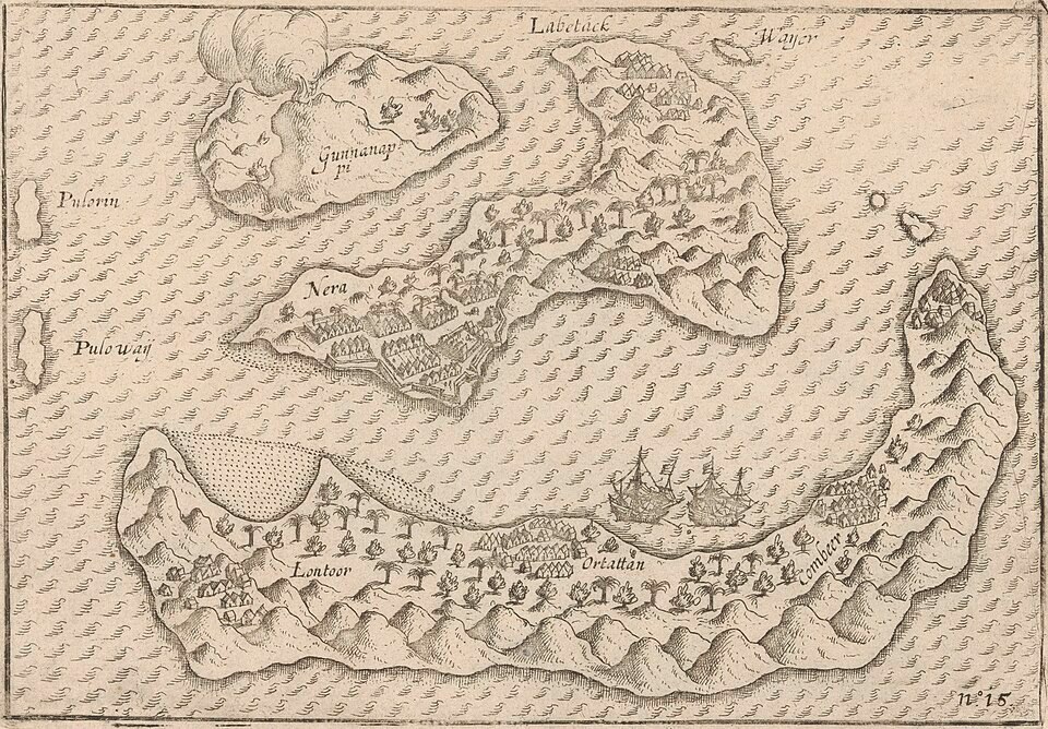 A map of the Banda Islands associated with the 1599 Dutch voyage; geographical context before the 1621 conquest.