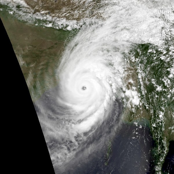 A weather-satellite image of the cyclone approaching Bangladesh on 29 April 1991.