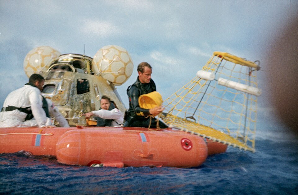Recovery of the Apollo 13 crew in the Pacific Ocean, April 1970.