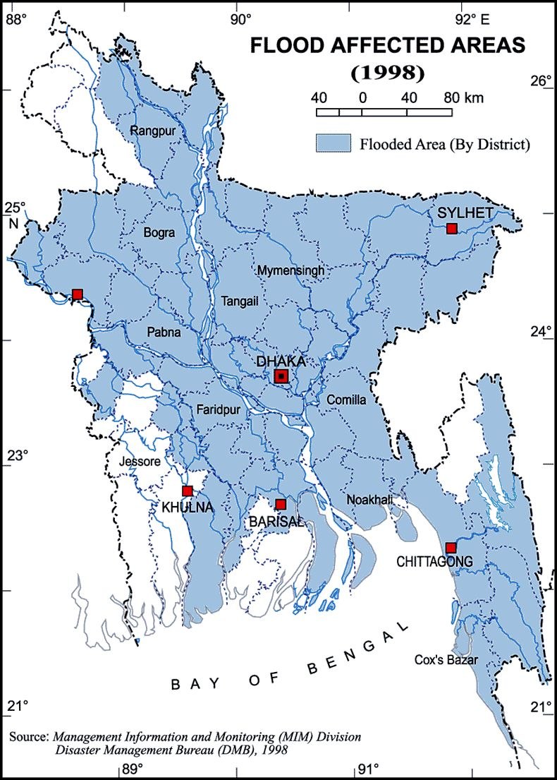 Map of flood-affected areas in Bangladesh, 1998.