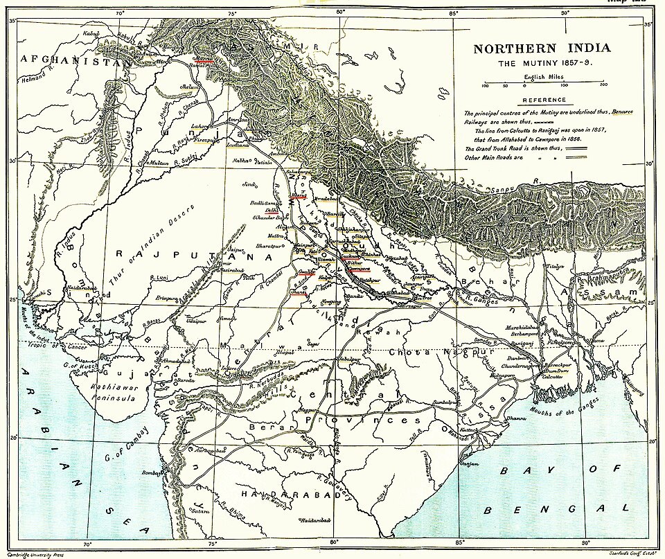 Historical map of the Indian rebellion of 1857–1858, published in a 1912 atlas.