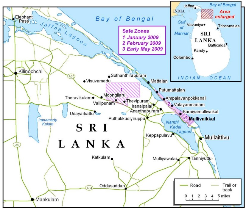 Map of the shrinking conflict area in northern Sri Lanka, January–May 2009; not a photograph of the killings.