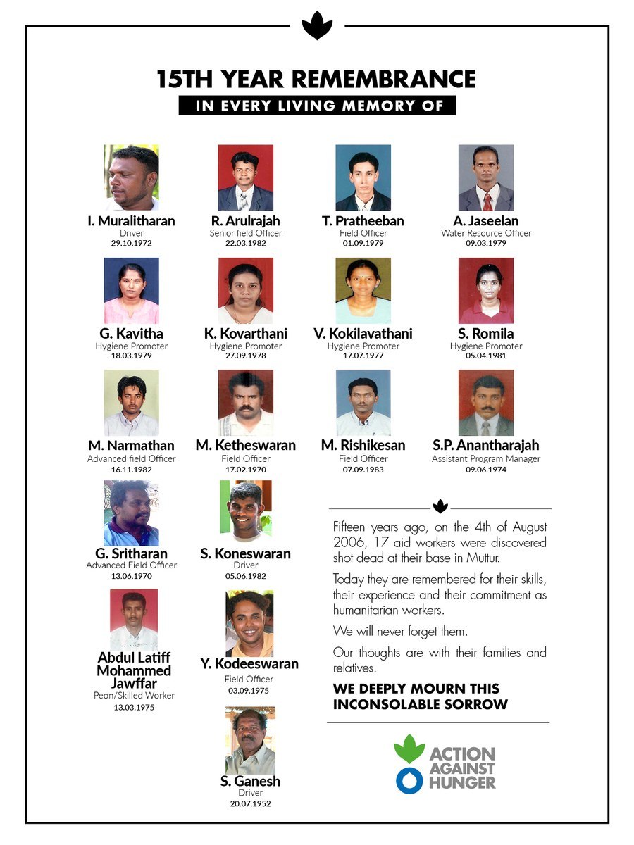 Action Against Hunger’s memorial poster naming the 17 Muttur aid workers, issued for the fifteenth anniversary in 2021.