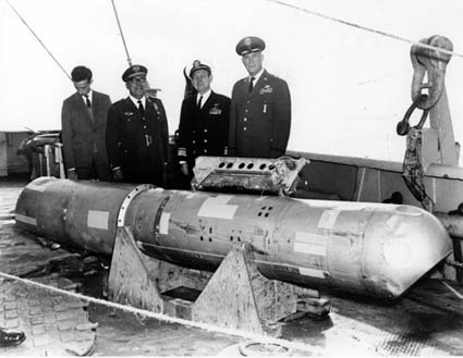 A recovered B28 nuclear bomb from the Palomares accident, photographed in 1966.