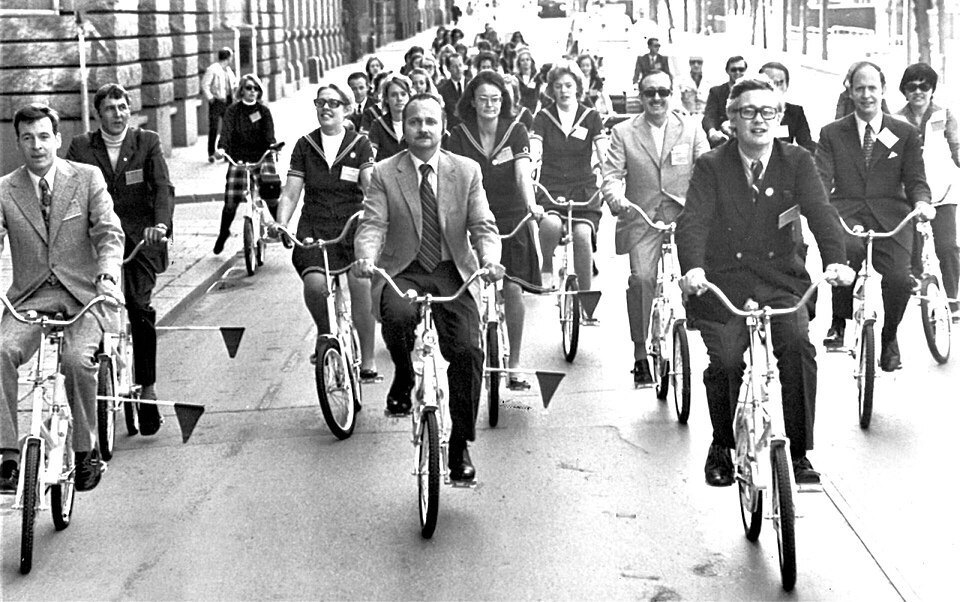 Delegates cycling during the Stockholm environmental conference, 1972.