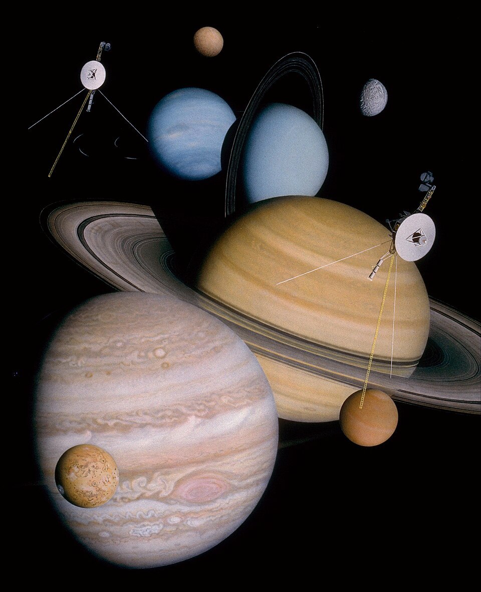 Don Davis’s illustration of the Voyager probes and the outer worlds they visited, commissioned by NASA/JPL.