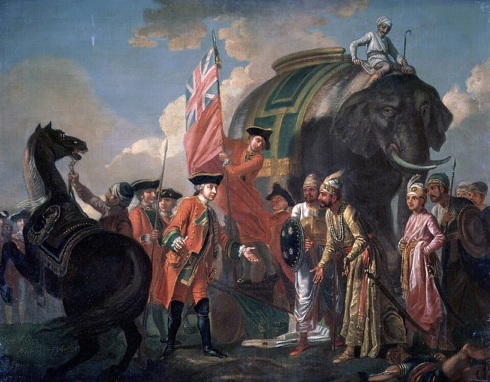 Francis Hayman's painting of Robert Clive meeting Mir Jafar after Plassey; a later commemorative depiction.