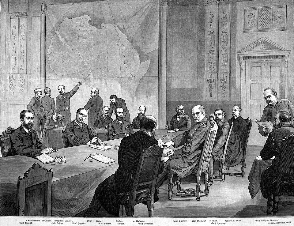 Illustration of delegates at the Berlin Conference, 1884; a representation of the meeting, not a photograph.