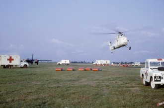 A makeshift relief airfield at Calabar, Nigeria, in the late 1960s; part of the wider humanitarian response.