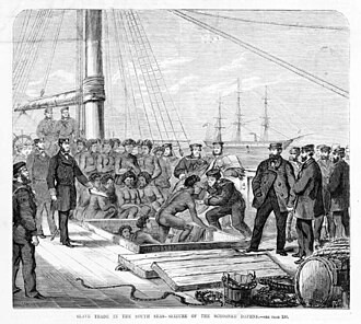 The schooner Daphne after seizure by HMS Rosario in 1869; an archival image connected with Pacific labour trafficking.