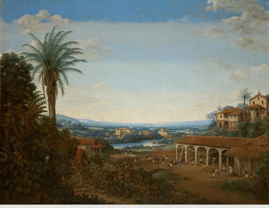 Frans Post’s A Sugar Mill, circa 1660. Painted after his return to the Netherlands, it illustrates a Brazilian plantation landscape rather than documenting a specific atrocity.