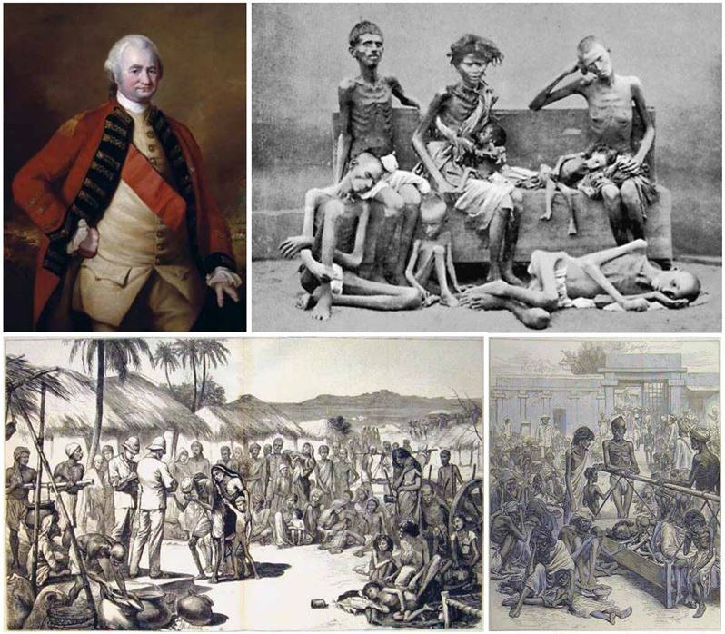 Collage combining a painted portrait, a photograph of severely emaciated people, and historical illustrations.