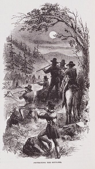 An illustration from J. Ross Browne’s 1864 work depicting militia violence against an Indigenous camp.