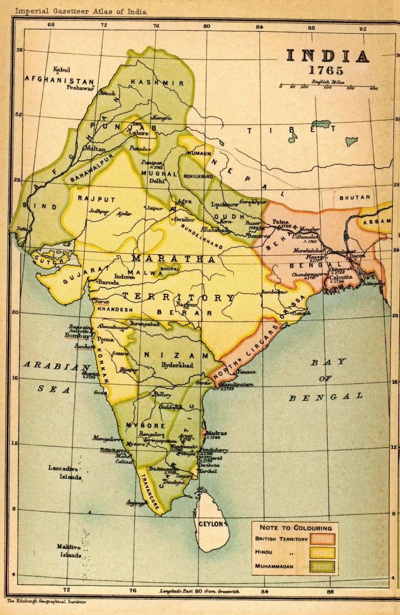 A historical atlas map showing India in 1765; regional context before the Chalisa famine, not an image of its victims or extent.