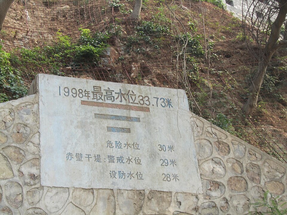 A marker recording the 1998 flood level along the Yangtze River.