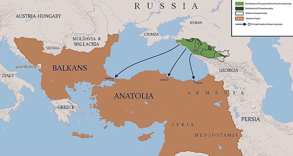 A modern map showing routes of Circassian displacement toward the Ottoman Empire.
