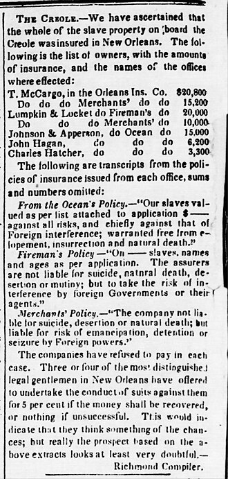 A December 1841 newspaper report about the Creole revolt, preserving a contemporary press account.