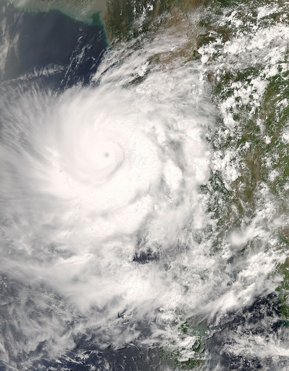 Cyclone Nargis near Myanmar on 2 May 2008, photographed by the Aqua satellite.