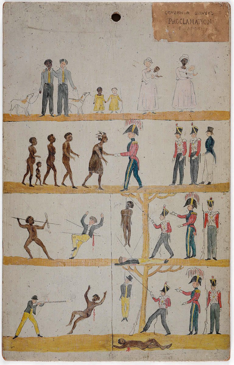 A painted proclamation board from Van Diemen’s Land (Tasmania), presenting an official promise of equal punishment for killing. A record of colonial messaging, not a depiction of an actual trial or evidence that equal protection was delivered. Its later label mistakenly names Governor Davey.