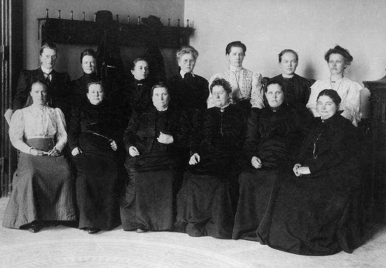 A group photograph of women elected to Finland's parliament in 1907; not every one of the nineteen elected members is shown.