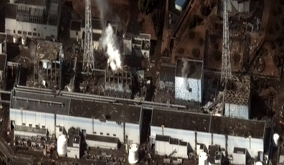 Satellite view of damaged Fukushima Daiichi reactor buildings following the March 2011 accident.