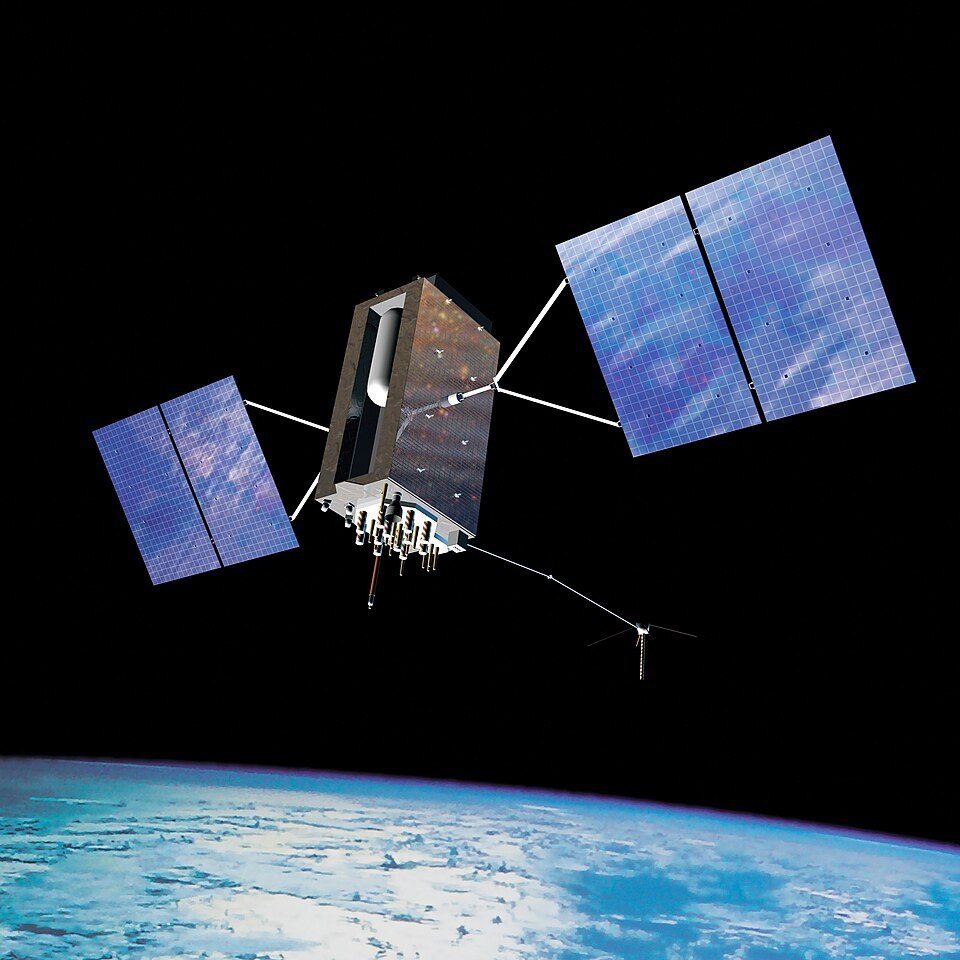 An artist's impression of a GPS Block III satellite; a later system illustration, not an early launch photograph.