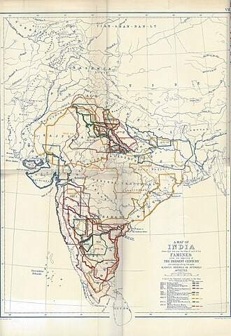 A historical map showing areas affected by several Indian famines, including the nineteenth-century crisis.