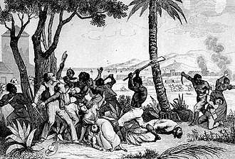 A later illustration of the 1791 uprising and fires in Saint-Domingue; not a contemporary photograph.
