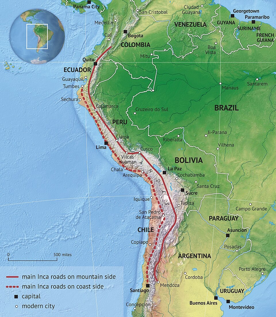 A modern map of the Inca road network across western South America.