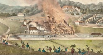 Adolphe Duperly’s depiction of the destruction of Roehampton Estate during the Baptist War.