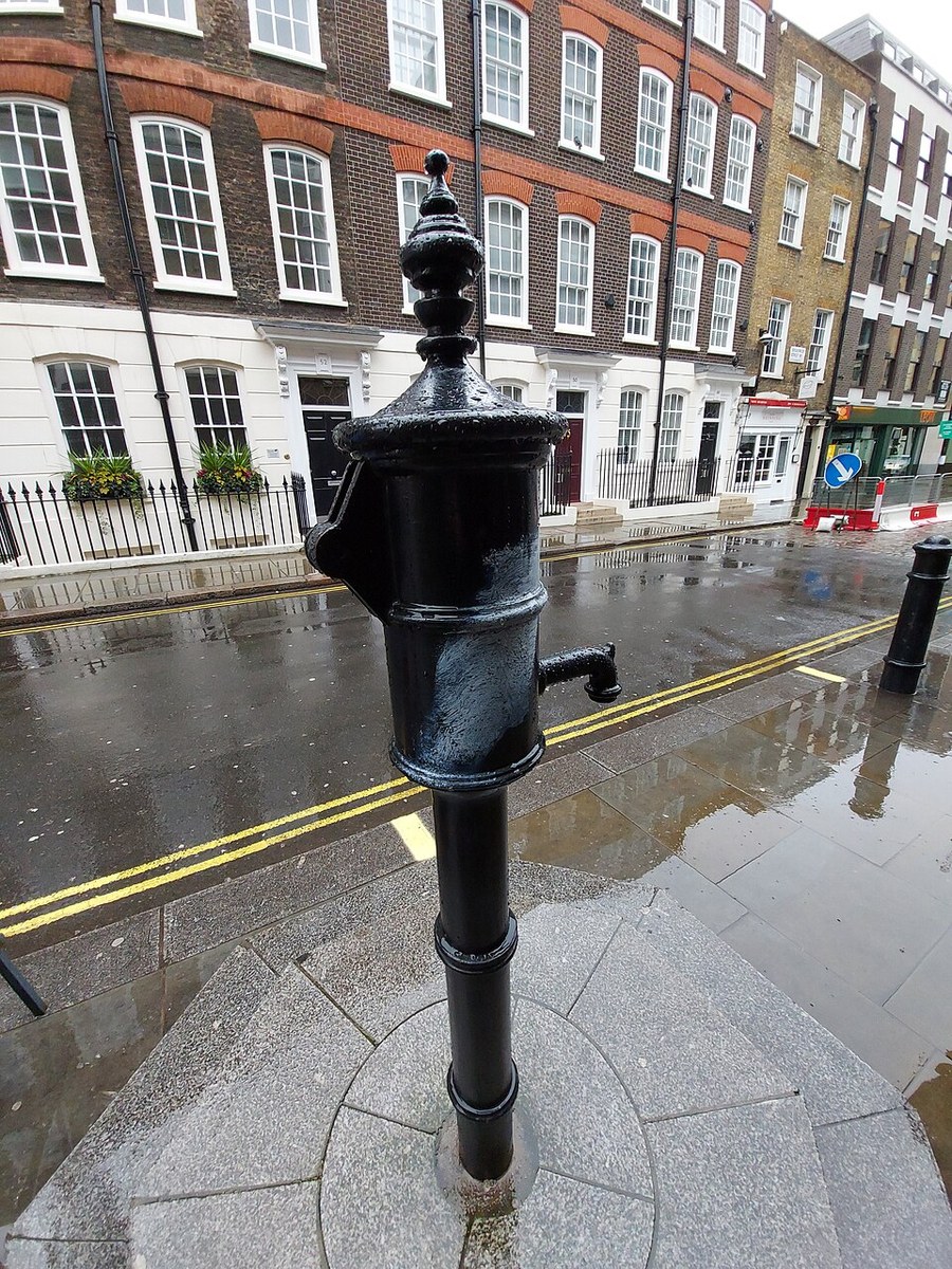 The replica John Snow memorial pump in Soho; not the surviving original pump of 1854.