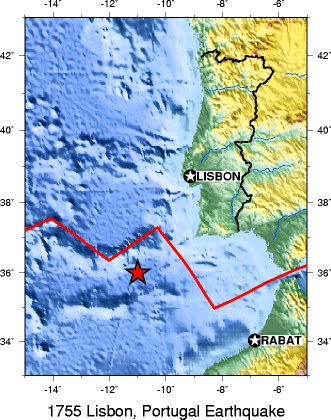 A USGS map of the reconstructed location of the 1755 Lisbon earthquake.