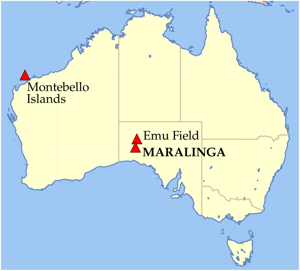 A modern map locating British nuclear test sites in Australia, including Maralinga.