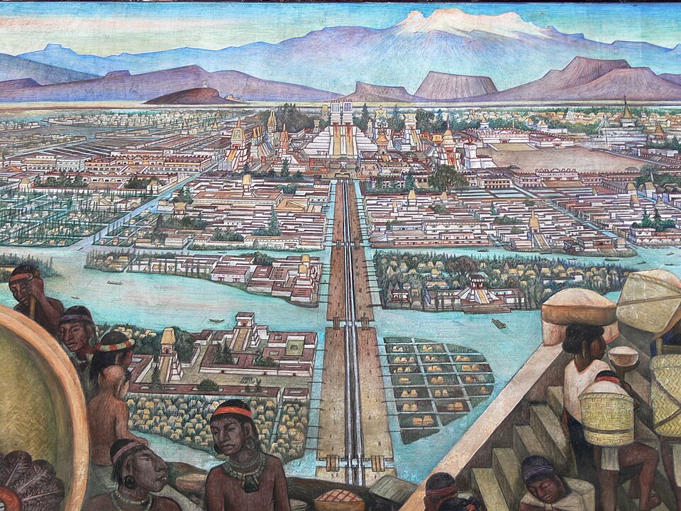 Diego Rivera's mural depicting Tenochtitlan and Indigenous life; an example of Mexican muralism, not a contemporary view of the ancient city.