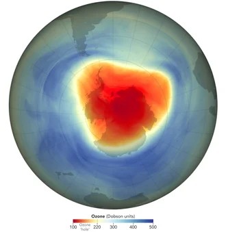 NASA and NOAA visualisation of the Antarctic ozone hole in 2024; later monitoring, not an image from the treaty negotiations.
