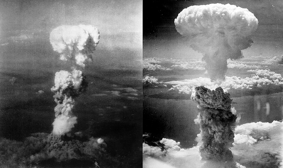 Composite of the mushroom clouds above Hiroshima (left) and Nagasaki (right), August 1945.