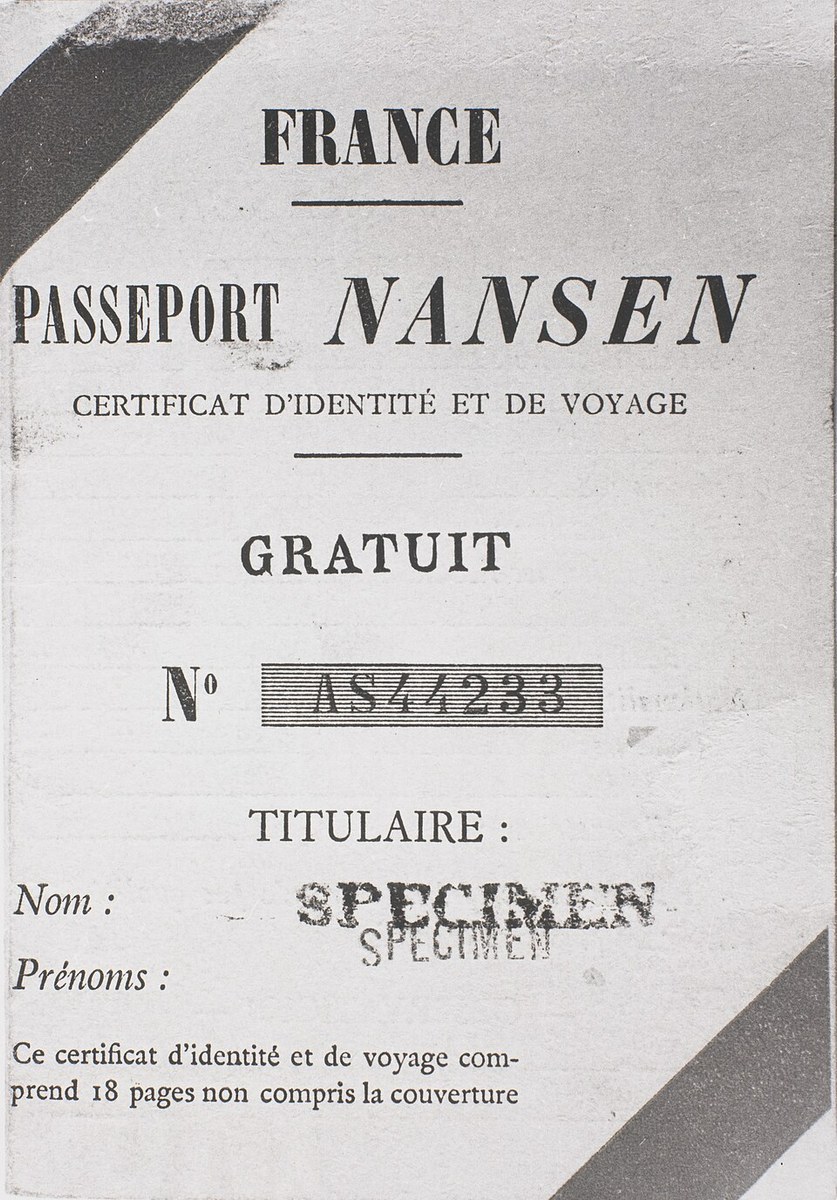 A French proof of the Nansen passport, the travel document introduced for stateless refugees.