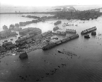 Flooding at Oude-Tonge in the Netherlands in 1953, viewed from a helicopter.