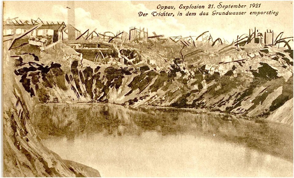 A historical postcard showing the crater left by the 1921 Oppau explosion.