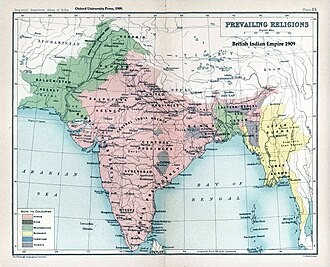 A 1909 map of prevailing religions in British India; background to Partition, not the borders created in 1947.