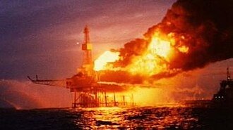 Piper Alpha burning during the 1988 disaster; BBC image.