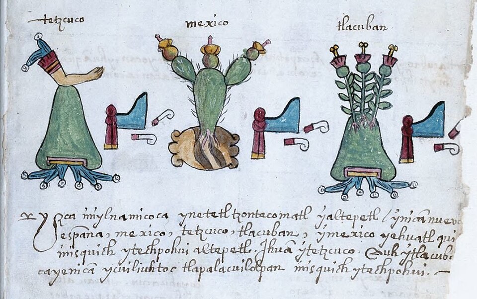 A detail from page 34 of the Codex Osuna (1565), showing symbols for Texcoco, Tenochtitlan and Tlacopán; contextual evidence of colonial administration.