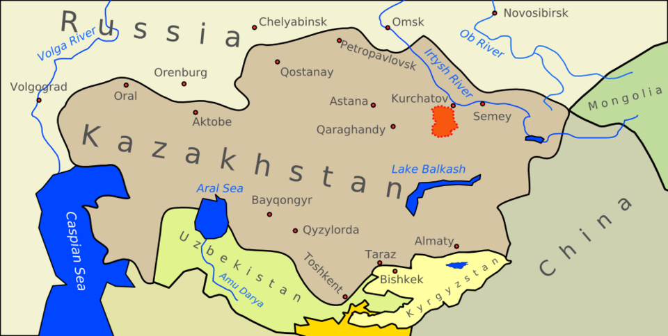 Map showing the Semipalatinsk test area in red within Kazakhstan.