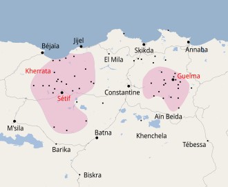 A modern map of the areas affected by the Sétif, Guelma and Kherrata massacres in 1945.