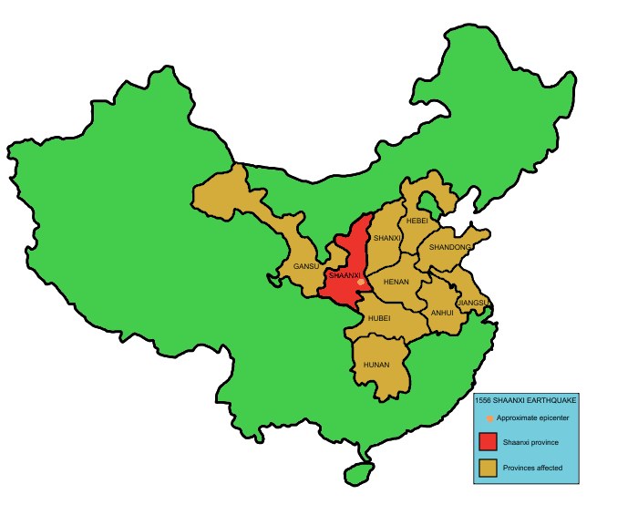 A modern map locating Shaanxi and affected regions using modern provincial boundaries; not a contemporary survey.