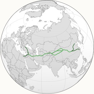 A modern globe diagram of Silk Road routes centred on Kazakhstan; the borders shown are modern.