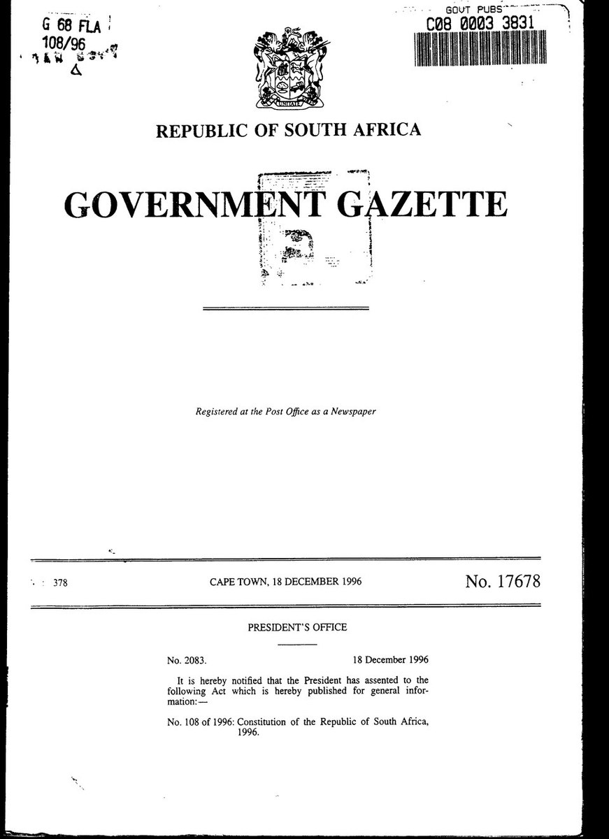 The official Government Gazette publication of South Africa's 1996 Constitution, opening page.