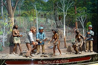 A later depiction of the removal of Aboriginal children on the Great Australian Clock in Sydney’s Queen Victoria Building.