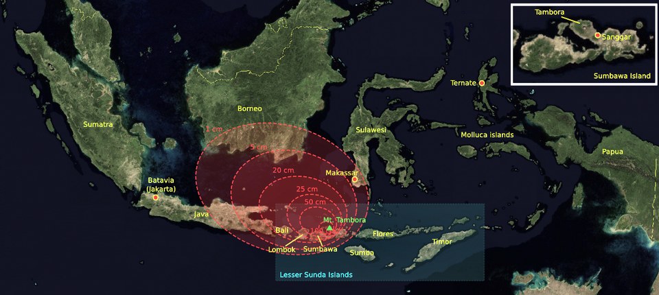A modern map showing estimated ashfall thickness from the 1815 Tambora eruption.